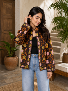 Elegant Velvet Embroidered <b>Jacket</b> With Floral Pattern <b>Mandarin</b> <b>Collar</b> Full Sleeve Winter Women's Coat - Product Image 2