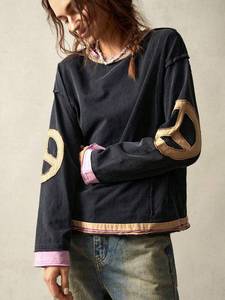 Custom Patch Applique Vintage Washed Oversized Contrast Layered Hem Black Women's Sweatshirt Hoodies Private Label High Street - Product Image 6