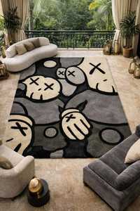 Tapis rectangulaire moderne et original, en peluche tuftée, avec dos antidérapant en caoutchouc, pour salon, motif gris, noir et blanc - Product Image 2
