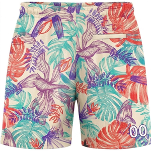 Shorts de bain personnalisés pour hommes, imprimé floral, taille à cordon de serrage, séchage rapide, style décontracté, longueur courte, tissu polyester - Product Image 4