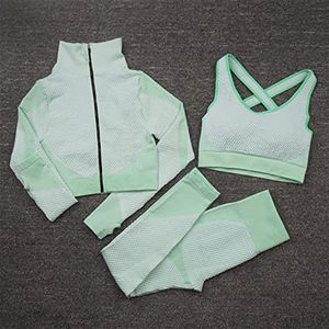 Ensemble de fitness sans couture 3 pièces pour femmes, vêtements de yoga respirants en mesh, soutien-gorge de sport haute élasticité, leggings, veste zippée - Product Image 3