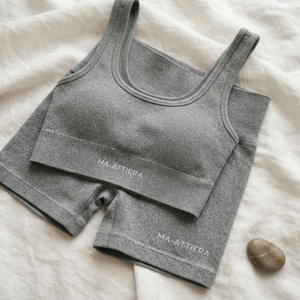 Women Grey Ribbed <b>Sports</b> Bra High Waist Biker Shorts Yoga <b>Set</b> Gym Fitness Workout Activewear Two Piece <b>Set</b> - Product Image 6