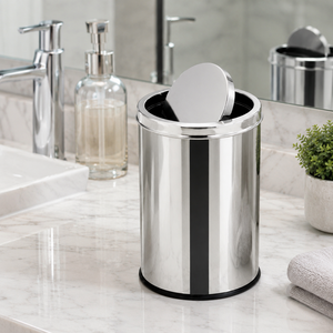 Cubo de Basura Redondo con Tapa Abatible de Acero Inoxidable, Cubo de Basura Moderno para Cocina, Baño, Oficina, Color Plateado y Negro - Product Image 3