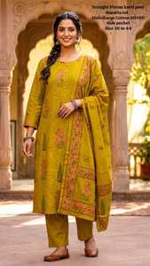 Conjunto de Kurti, Pantalón y Dupatta de Algodón Amarillo Mostaza para Mujer, Corte Recto, con Pliegues, Manga Tres Cuartos, Bordado, Ropa Tradicional - Product Image 6
