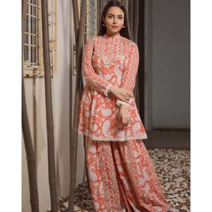 Ensemble Kurta et Sharara en coton tissé imprimé pour femme, style péplum, manches longues, doux, inspiré de la mode indienne et pakistanaise, couleur Orange Perle - Product Image 5