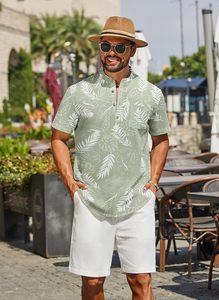 Men's Tropical Leaf Print Short Sleeve Shirt <b>Set</b> Casual Summer Outfit White and Green Top Breathable Cotton <b>Knitted</b> Fabric - Product Image 2