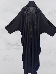 <b>Shawl</b> Collar V Neck Ankle Length Modest Beaded Handmade Embroidery Detail Women Solid Color Long Sleeve Polyester Abaya <b>Wedding</b> - Product Image 2