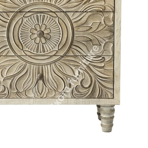 Luxury Handcrafted Solid Wood 3 Drawer Nightstand Ornate Sunburst Floral Carving Antique White Finish - Product Image 3
