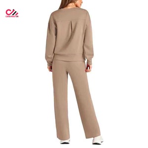 Ensemble de survêtement pour femmes, couleur unie, col rond, manches longues, coupe ample, pantalon à cordon de serrage, 100% coton, vêtements décontractés d'automne - Product Image 5