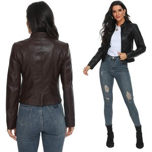 Chaqueta Bomber de Cuero Sintético Negra Personalizada para Mujer, Chaqueta de Motociclista de PU con Patrón Sólido para Otoño, Primavera y Invierno - Product Image 5