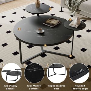 Table basse moderne en faux marbre noir avec base inspirée d'un trépied et plateau arrondi, dotée de deux étagères de présentation - Product Image 6