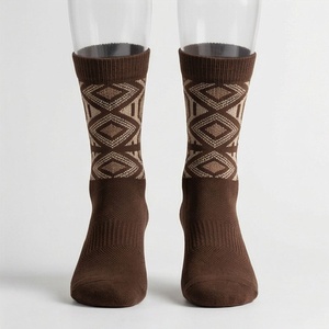 Crew <b>Socks</b> Geometric Pattern <b>Brown</b> Breathable Polyester Spandex Adult Casual Autumn Knitted <b>Socks</b> - Product Image 1