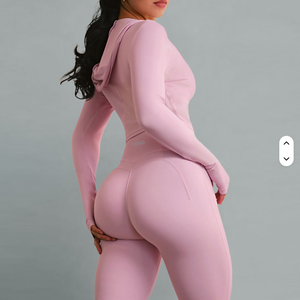 Custom Women <strong>Yoga</strong> Set 2 Piece Hooded Long Sleeve Crop Top with High Waist Leggings Thumbhole Soft Fabric <strong>Yoga</strong> <strong>Pants</strong> Activewear - Product Image 2