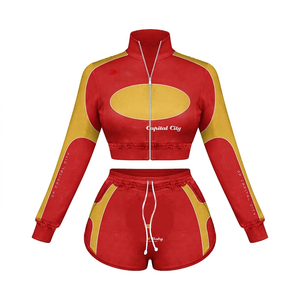 Conjunto de Shorts y Chaqueta Corta para Mujer, Poliéster GSM, Spandex Suave y Elástico, Paneles Rojos y Amarillos, Logotipo con Transferencia Térmica - Product Image 1