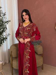 Awais House Women's Red Embroidered Silk Floor Length <b>Kaftan</b> Dress V Neck Long Sleeve Floral Pattern Wedding Elegant Style - Product Image 1