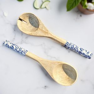 Juego de tazones para servir de madera de mango hechos a mano con cucharas a juego y estampado de esmalte curado - Océano - Product Image 5