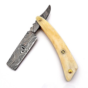 Handmade Custom Damascus Steel Razor Folding <b>Knife</b> <b>Bone</b> <b>Handle</b> Leather Sheath Survival Camping <b>Knives</b> A&M Enterprises - Product Image 5
