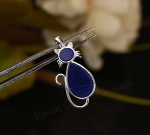 Pendentif unisexe en forme de chat mignon en lapis-lazuli, pierre précieuse de 5 mm, poire 10x12 mm, serti en argent 925, thème animal, breloque chrétienne - Product Image 3