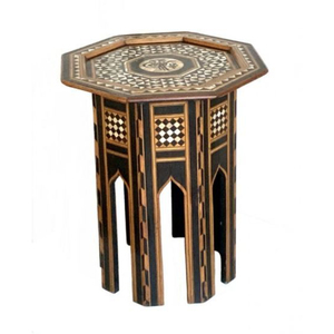 Mesa auxiliar de madera marroquí hecha a mano con incrustaciones de nácar, acabado vintage, mesa auxiliar con detalles moorish, diseño árabe, pedestal octogonal - Product Image 5
