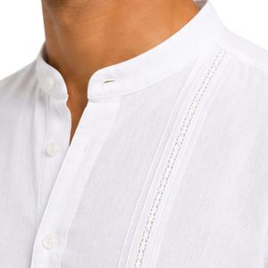 เสื้อเชิ้ตแขนสั้นคอจีนผ้าลินินผสมสีขาวสำหรับผู้ชาย สไตล์ลำลองฤดูร้อน แต่งลายปักแบบมินิมอล รับผลิตตามแบบ OEM - Product Image 5