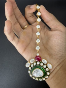 Luxury Kundan Polki Maang <b>Tikka</b> Luxury Bridal <b>Headpiece</b> Indian Traditional Hair Chain Gold Plated Ruby Emerald Meenakari Jewelry - Product Image 2