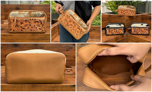New Hot Selling Hand Tooled Leather Travel <b>Storage</b> <b>Zip</b> Makeup Pouch High Quality Cowhide Leather Portable Toiletry Cosmetic <b>Bags</b> - Product Image 3