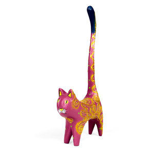 Statue d'animal en bois d'albizia faite à la main, queue de chat, rose, or, violet, artisanat de Bali, décoration d'intérieur, sculpture en bois, cadeau, ornement - Product Image 1