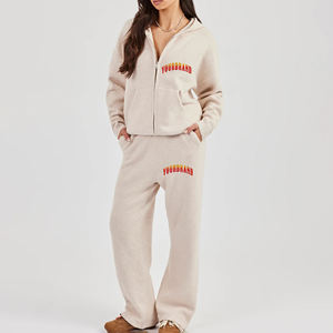 Nouvel article : Ensemble de survêtement en polaire 2 pièces pour femme, à capuche, fermeture éclair, manches longues, coupe ample, décontracté, toutes saisons, couleur unie, brodé - Product Image 1