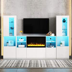 Modern 34.2\" White <b>TV</b> <b>Stand</b> Non-Heating Electric Fireplace <b>High</b> Gloss Entertainment Center LED Lights Media Console <b>TVs</b> - Product Image 2