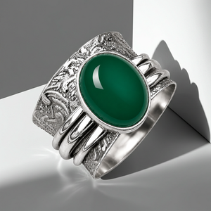 JewelryTownIN Natural Green Onyx Spinner <b>Ring</b> Vintage Wide Band Silver Plated Bohemian Jewelry for Party Occasions - Product Image 5