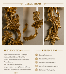 Royal Venetian Baroque <b>Wall</b> <b>Sconce</b> Luxury Decorative <b>Wall</b> <b>Light</b> with Handcrafted Mirror Details, Ornamental Brass Finish, - Product Image 2