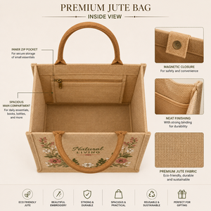 Bolsa de Yute Premium con Bordado Floral, Bolsa de Compras Reutilizable Ecológica, Estilo Bohemio, Diseño Natural, para la Playa o Uso Diario - Product Image 5