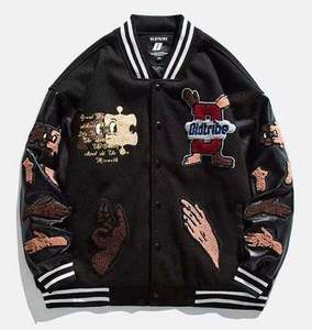 Oldtribe Unisex <b>Black</b> Varsity <b>Jacket</b> Embroidered Patch Design Crew Neck <b>Fleece</b> Windproof Faux Fur Lining Streetwear Winter Wear - Product Image 1