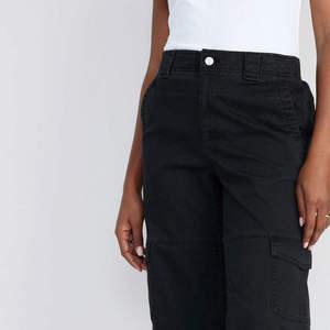 Women's <b>High</b> <b>Waist</b> <b>Cargo</b> Pants Solid Black Canvas Casual Ankle-Length With Pockets Elastic <b>Waist</b> Loose Fit Autumn Style - Product Image 4