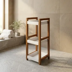 Minimalist 3 Tier <b>White</b> and Brown <b>Wooden</b> Storage <b>Shelf</b> for Bathroom Space Saving Design - Product Image 3