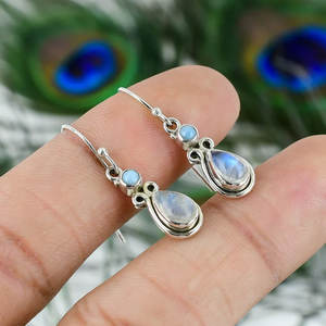 ต่างหูห้อยมูนสโตนสีรุ้งธรรมชาติ ชุบเงิน รูปทรงมาร์คีส์ เครื่องประดับทำมือสำหรับผู้หญิง ขายส่ง - Product Image 2