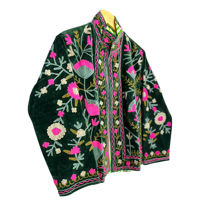 Veste bomber bohème en velours tissé brodé pour femmes, col montant floral Suzani, doublure en coton, réversible, manteau d'hiver