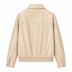 Custom <b>Women's</b> PU Leather <b>Jacket</b> Cropped Bomber Coat Snap Button Flap Pocket Elastic Hem Wholesale - Product Image 5