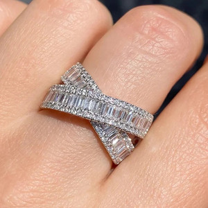 Iced Out Baguette Moissanite Diamond Criss Cross Engagement Wedding Hip Hop Crossover <b>Statement</b> <b>Ring</b> 925 Sterling <b>Silver</b> Jewelry - Product Image 1