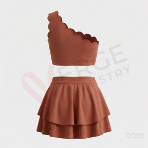 Conjunto de yoga de 2 piezas para mujer: Top corto con un hombro descubierto y falda con volantes de cintura alta - Product Image 2
