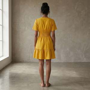 Yellow Cotton Flax <b>Elasticated</b> Short Tier <b>Dress</b> For Women Featuring Lightweight Fabric Modern Style Comfortable Fit For Everyday - Product Image 4
