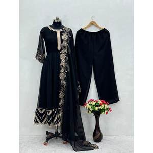 DISEÑADOR GEORGETTE CHINE STITCH BATA DE TRABAJO PALAZZO CON DUPATTA NEGRO - Product Image 1