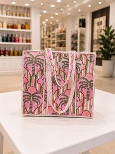 Pink Printed <b>Canvas</b> <b>Tote</b> Bag Bohemian Style Summer Shopping Bag with Palm Tree Pattern and Striped Design - Product Image 2