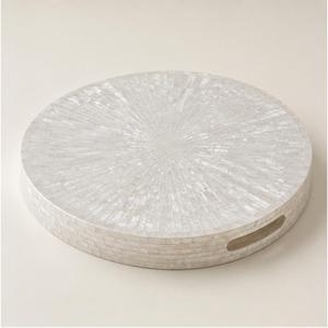 Plateau rond de luxe en nacre, mosaïque de coquillages blancs Capiz, plateau de service avec poignées, écologique, fait main, plateau en nacre en gros - Product Image 3