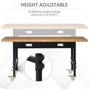 59\" Height Adjustable Garage Workbench with Drawer and Wheels Bamboo Tabletop Workstation Tool Table for Woodworking - Product Image 5