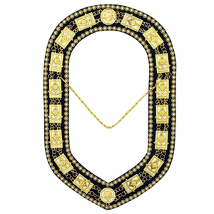 Collier de chaîne Past Master Blue Lodge avec support bleu et symboles en strass dorés, insigne à coudre en strass, style classique - Product Image 1