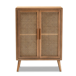 Gabinete de almacenamiento moderno de 2 puertas de madera y ratán de mediados de siglo para sala de estar - Product Image 3