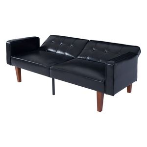 Divano Letto Futon Moderno Mid-Century con Schienale Trapuntato, Divano Reclinabile Regolabile, Gambe in Legno e Metallo, Divano Letto in Pelle PU - Product Image 3