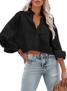 Camisa de Popelina Blanca para Mujer, Corte Crop, Manga Corta, Cuello Camisero, Ajuste Holgado, Estilo Casual, para Primavera/Verano, Uso Diario - Product Image 4
