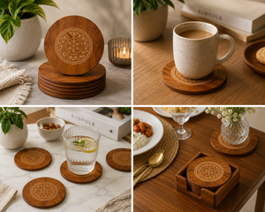 Handcrafted Wooden <b>Coaster</b> <b>Set</b> of 4 with Mandala Engraving – Premium Tea & Coffee Cup <b>Coasters</b> Laser Engraved Mandala Design - Product Image 3